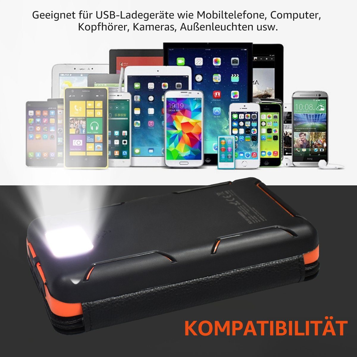 LifeImpree Taschenlampe 26800 mAh Solar Powerbank mit Notfall-Taschenlampe, Geeignet für Outdoor-Sportarten, Camping-Abenteuer