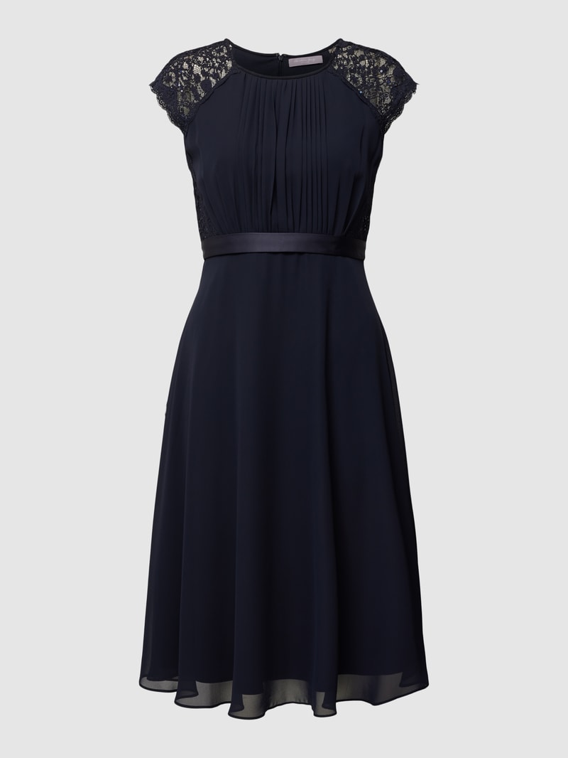 Cocktailkleid mit Spitzenbesatz in marineblau meliert