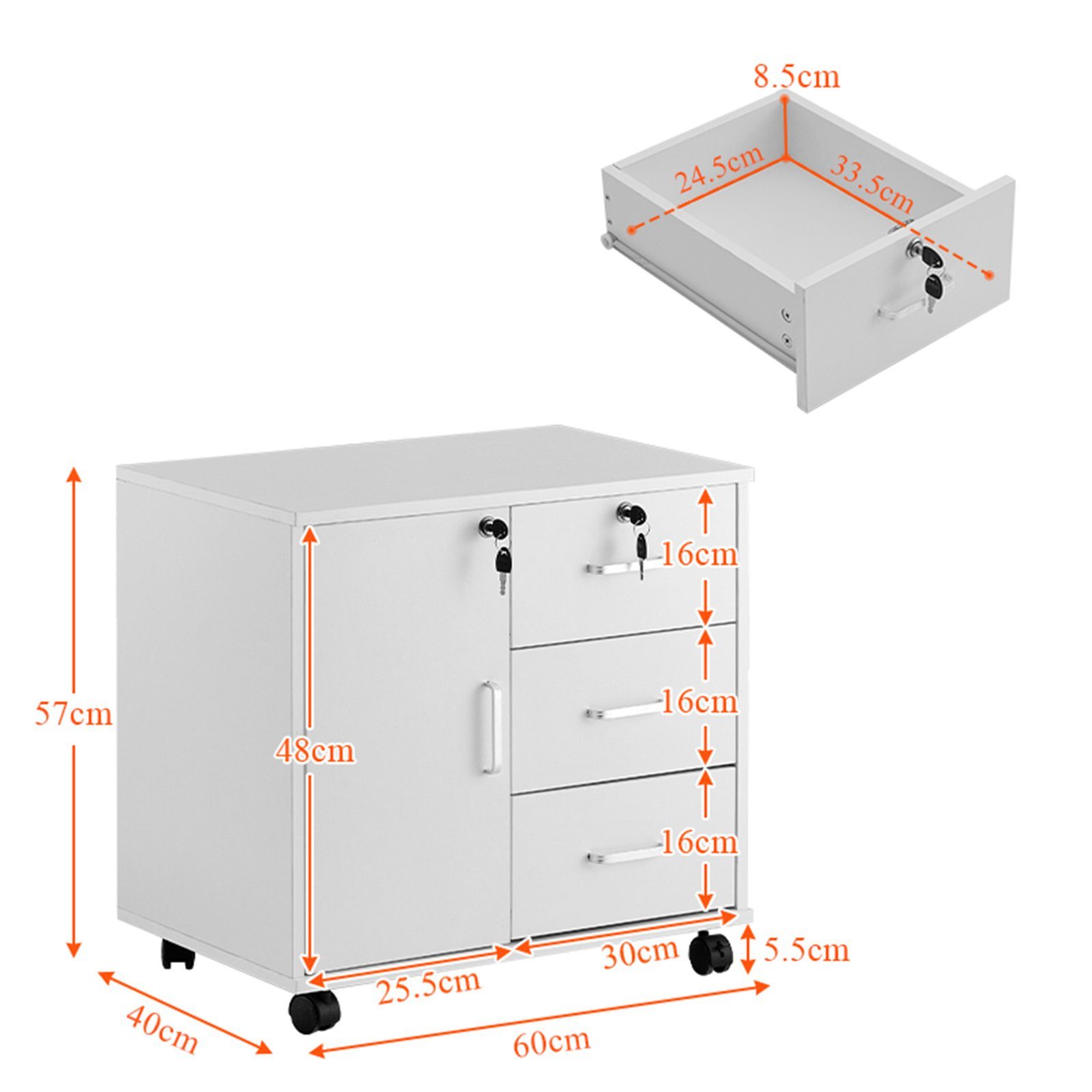 CLIPOP Aktenschrank Mobiler Aktenschrank mit 3 Schubladen 60x40x60cm abschließbar Büro-Rollschrank mit Rollen