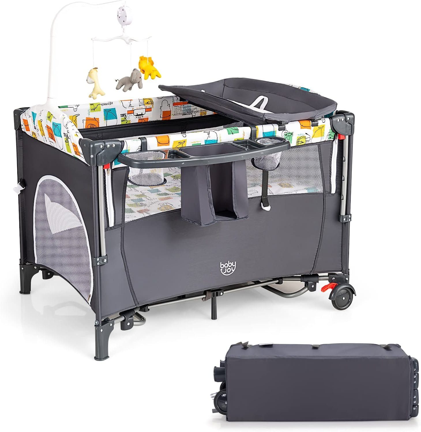COSTWAY Baby-Reisebett 5 in1 Beistellbett, mit Matratze, höhenverstellbar
