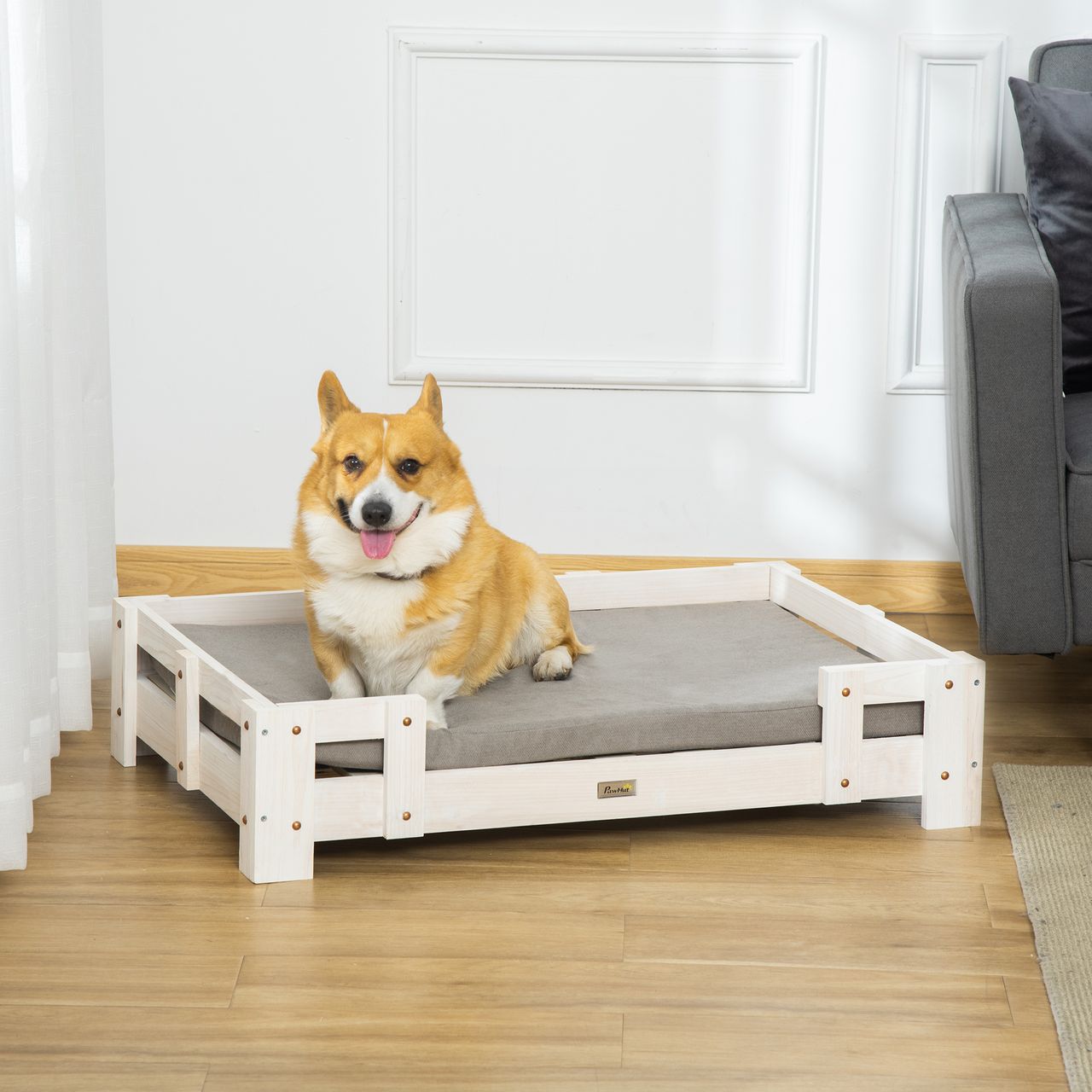PawHut Erhöhtes Hundebett Kissen Holz Hundesofa Hundecouch Katzensofa waschbar