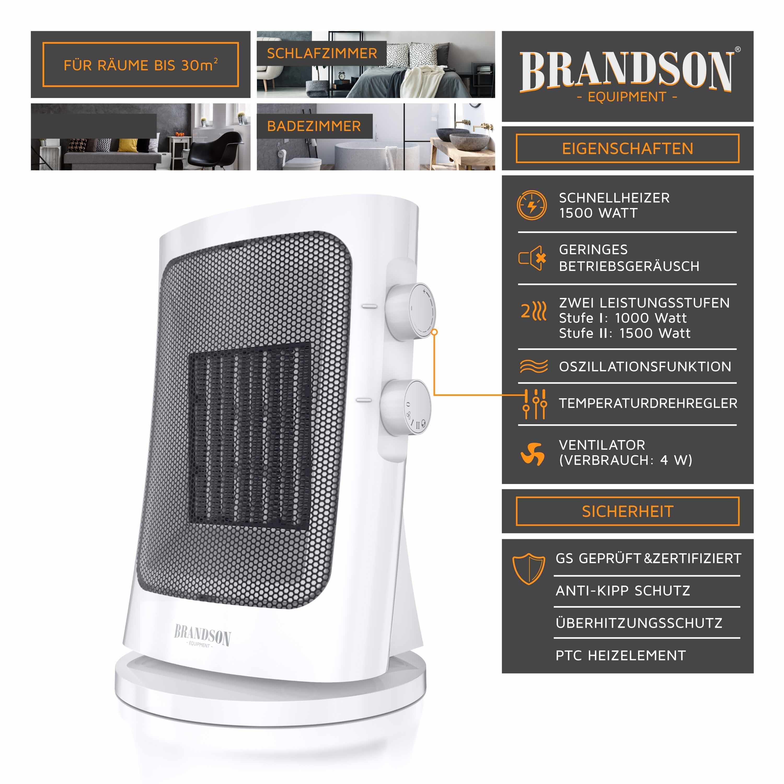 Brandson Keramikheizlüfter, 1500 W, Keramik Heizlüfter, Tragegriff, Oszillation, Badezimmer Heizung