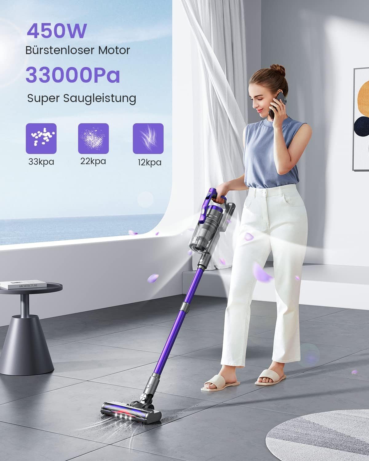 Honiture Akku-Hand-und Stielstaubsauger, 450,00 W, 33KPA Akku Staubsauger, Anti-Tangle-Staubsauger, 55 Minuten Laufzeit, Kantenreinigung, 1.2L Staubbehälter