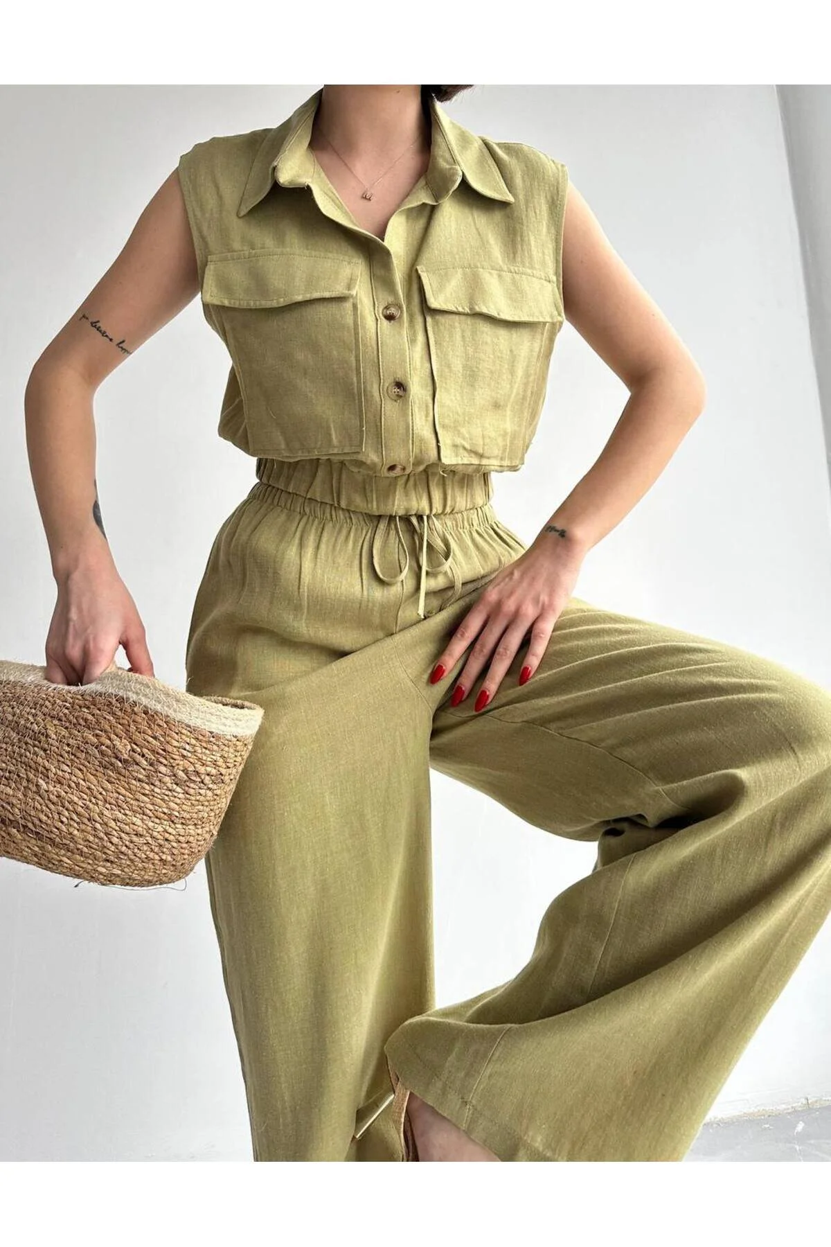 Laluvia  Khakifarbenes, elastisches Weste-Hose-Leinenset aus 100 % Baumwolle