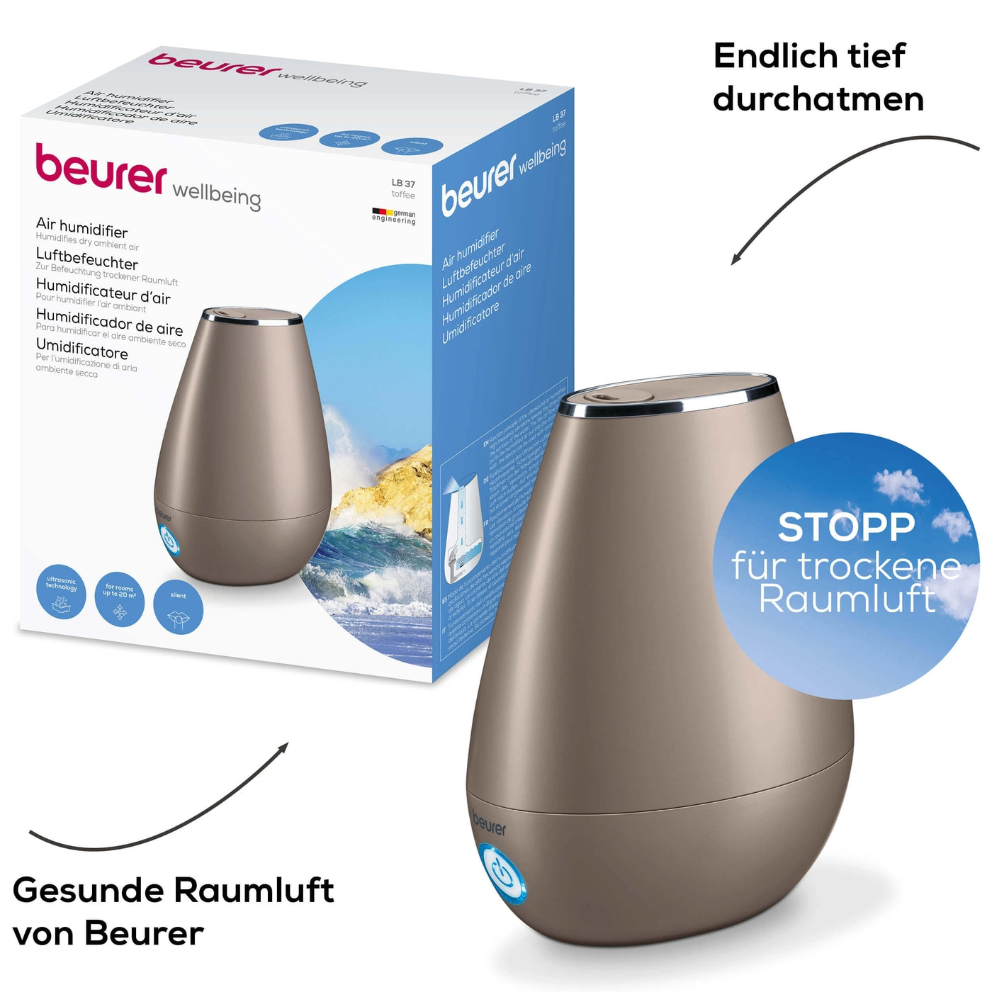 Beurer Luftbefeuchter LB 37 Toffee-Optimale Luftfeuchtigkeit mit dem energiesparsamen Raumbefeuchter bis 20 m²