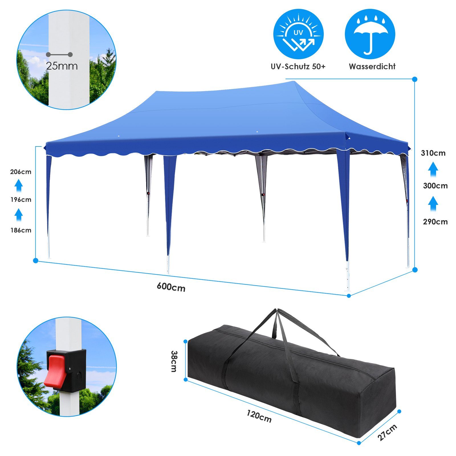 TLGREEN Pavillon Faltpavillon 3x6M, mit 4 Seitenwänden, Partyzelt UV Schutz 50+