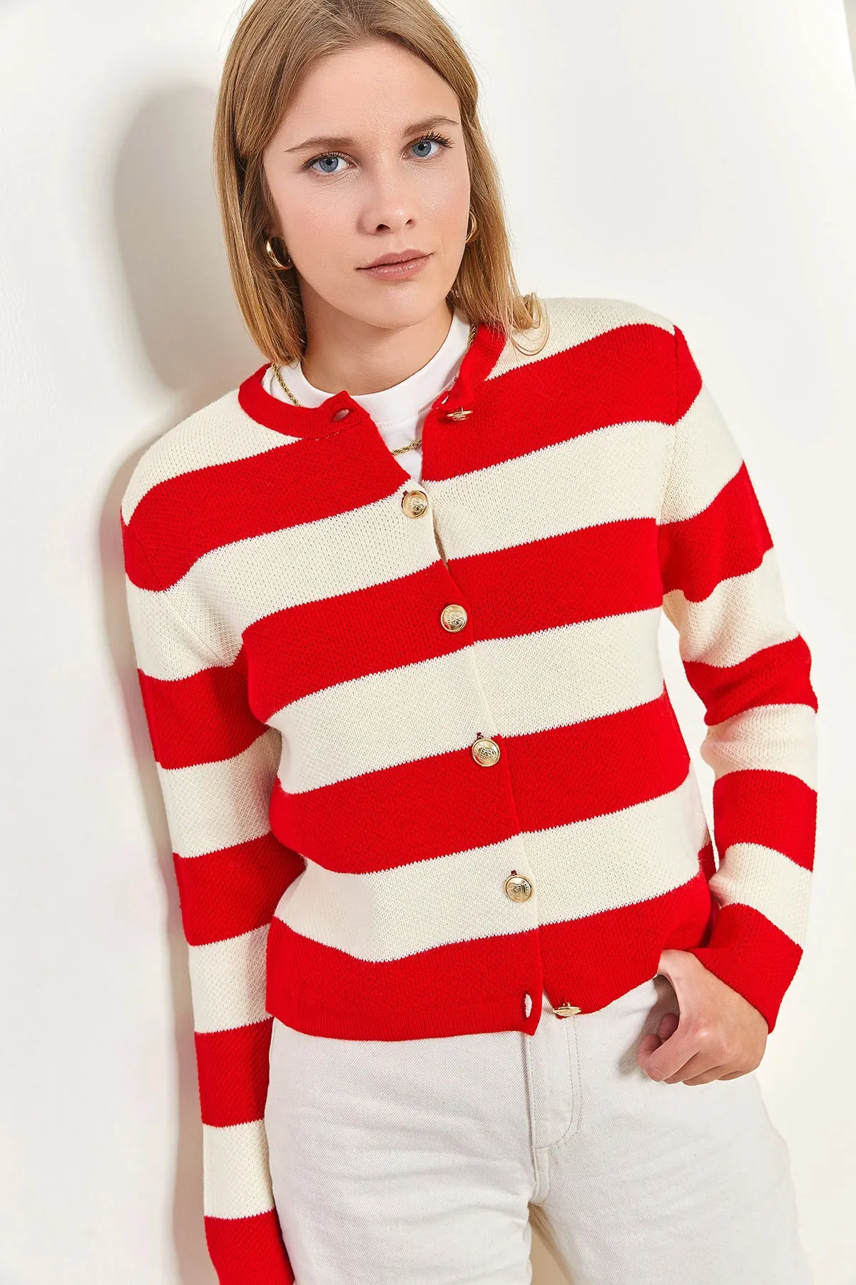 Bianco Lucci  Damen-Cardigan aus dickem, gestreiftem Strick mit Metallknöpfen