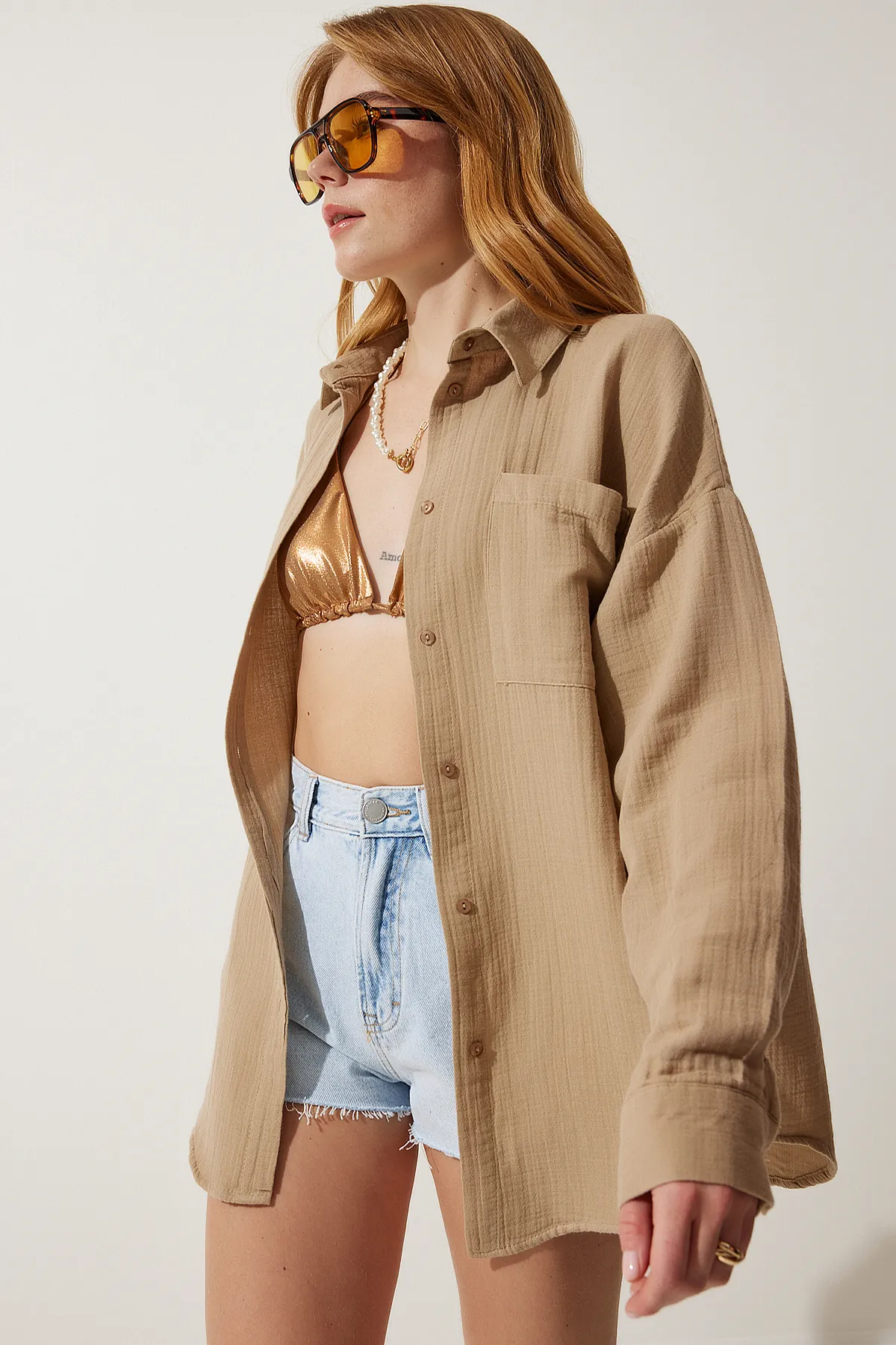 Happiness İstanbul  Hemd - Beige - Oversized