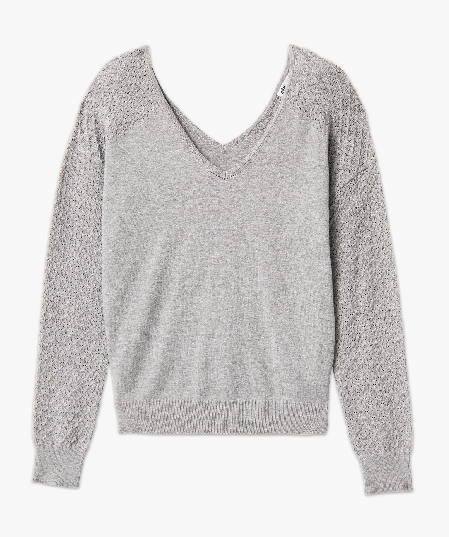 Pull avec double col V et manches fantaisie femme gris | GEMO