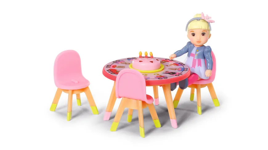 BABY born Minis - Playset Happy Birthday, 7 cm große Puppe Lea mit Tisch, Kuchen, Torte und Stühlen