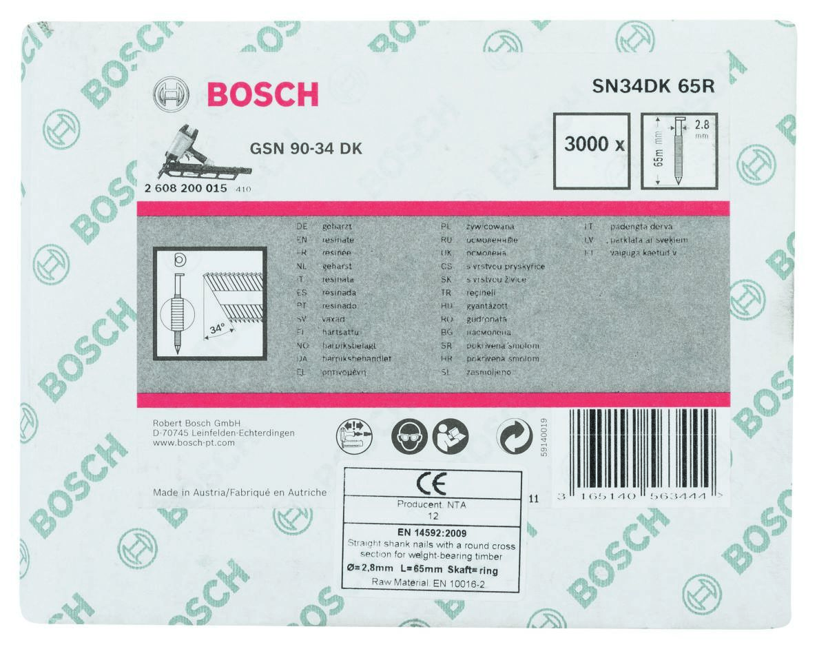 Bosch Blue Accessories 2608200015 SN34 DK 65R Gwoździe taśmowe 34° D-Head Plain Ring 65 mm 3000 sztuk
