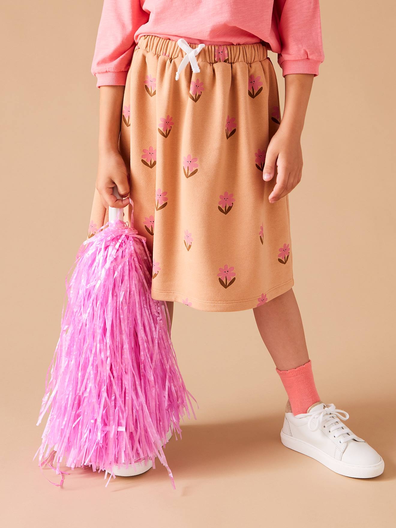 Jupe en molleton mi-longue motifs fleurs fille pêche