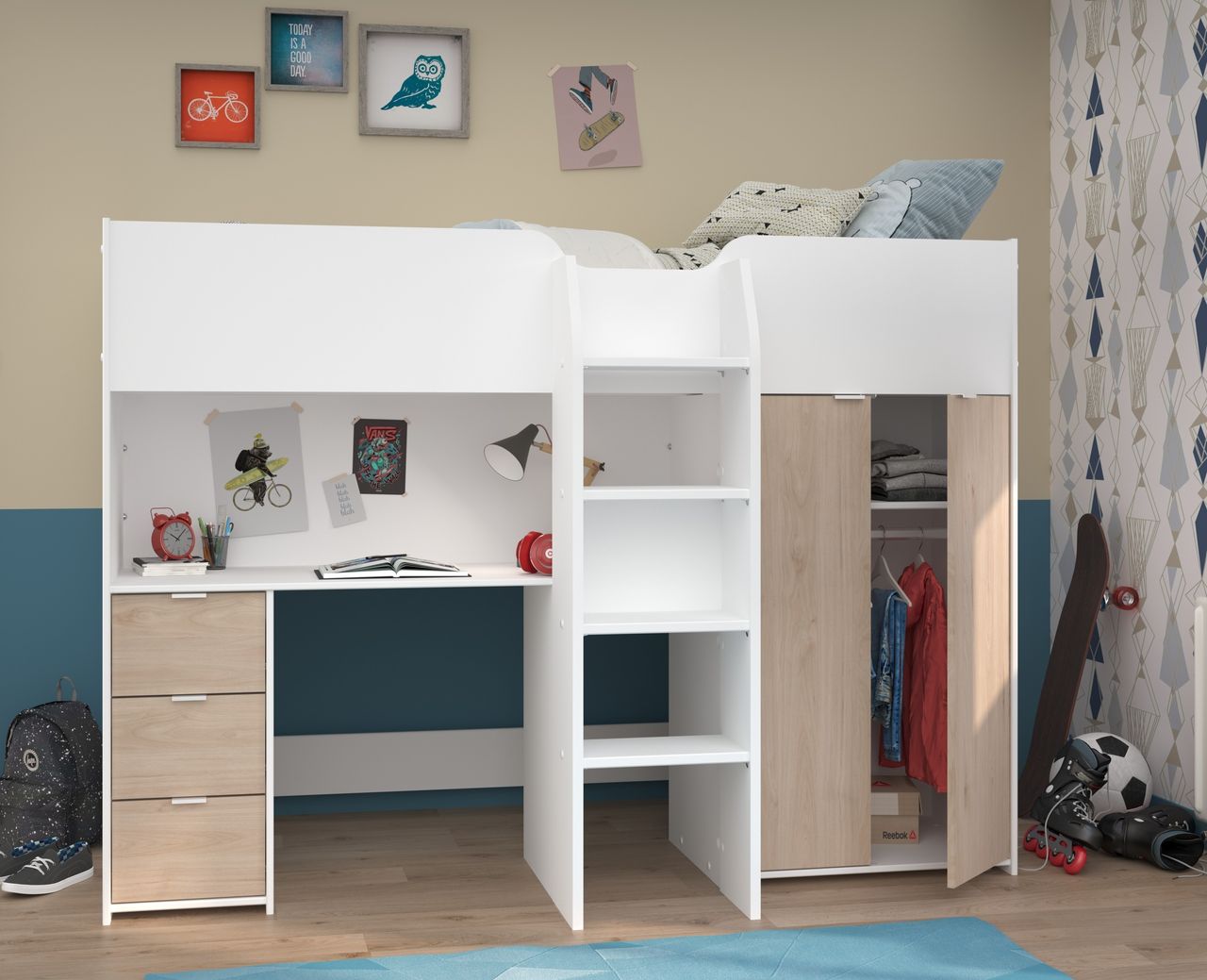 Parisot Hochbett, Tom - mit integriertem Schreibtisch und Kleiderschrank
