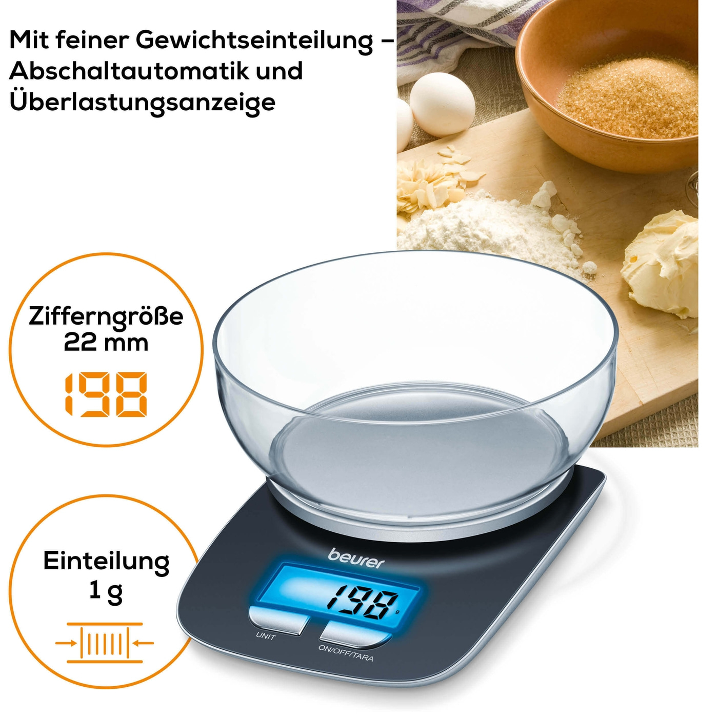 Beurer Küchenwaage - KS 25-Digitale Küchenwaage mit abnehmbarer Schüssel & Displaybeleuchtung