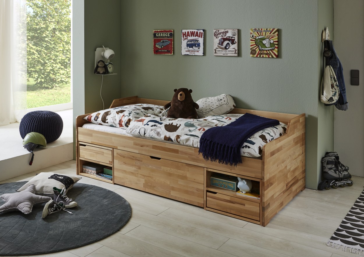 Relita RELITA - Kojenbett LEVI 90x200 Buche massiv natur lackiert, inkl. Rollrost, 3 Schubladen, 2 Fächer