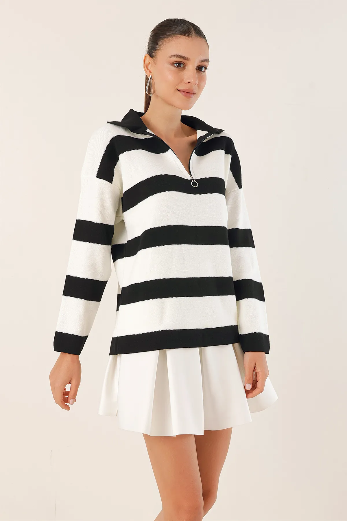 Bigdart  4512 Gestreifter Oversize-Pullover – Schwarz