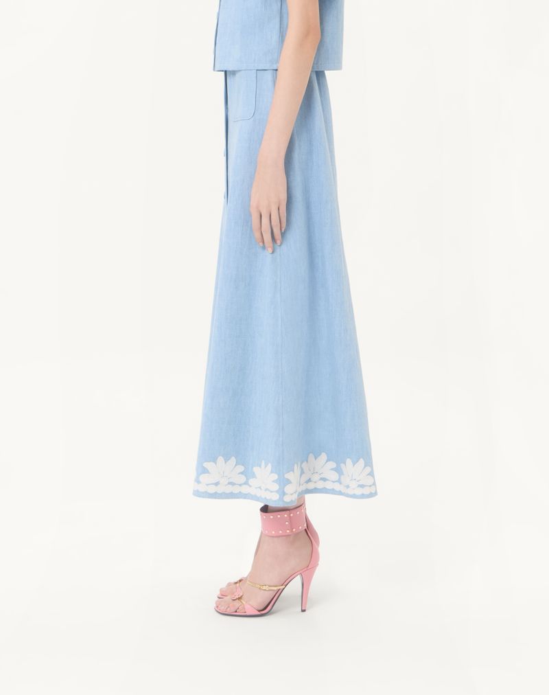 Geborduurde denim midi-rok