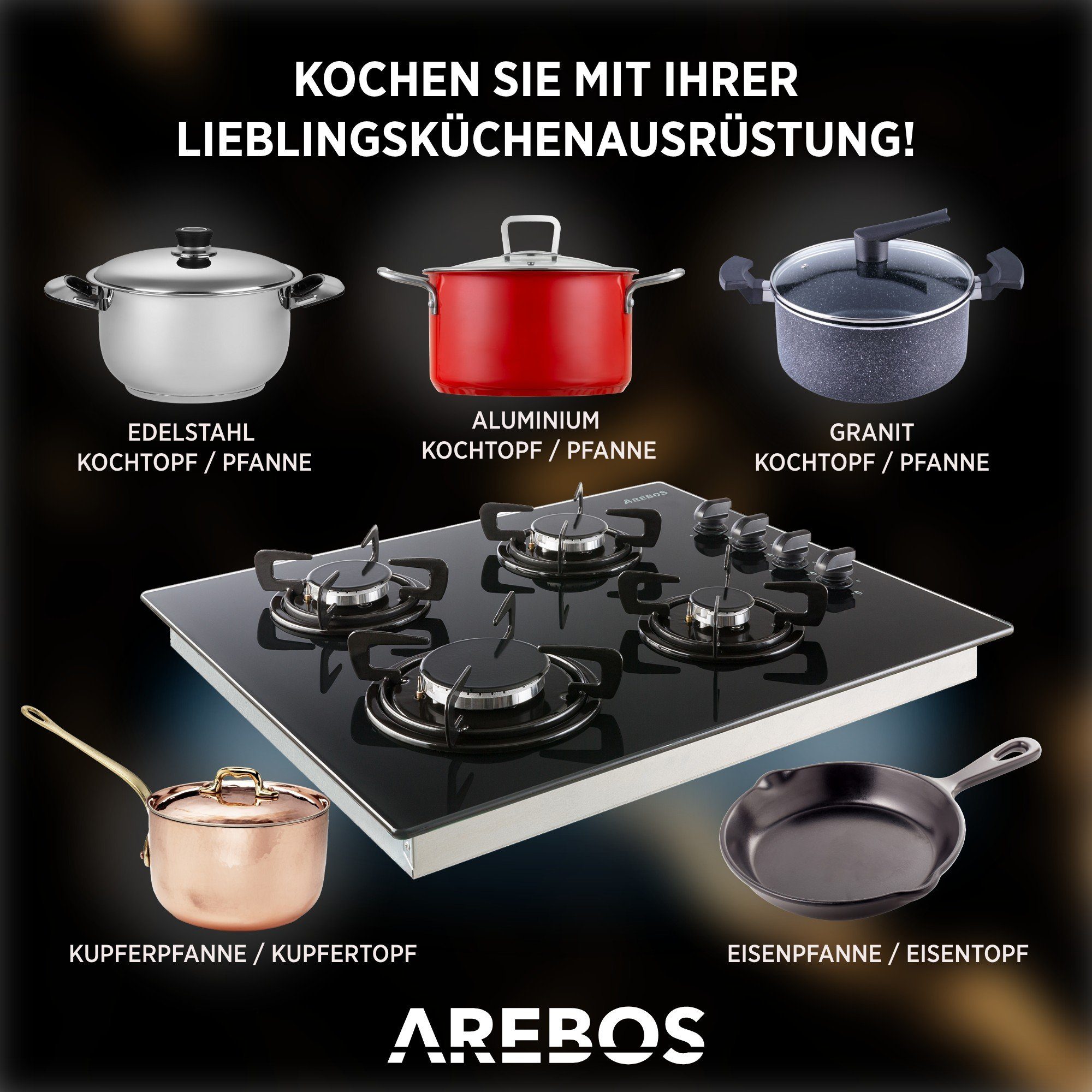 Arebos Gas-Kochfeld Gasherd AR-HE-GH63, Geeignet für Erdgas oder Propangas, Gasherd, Gaskocher