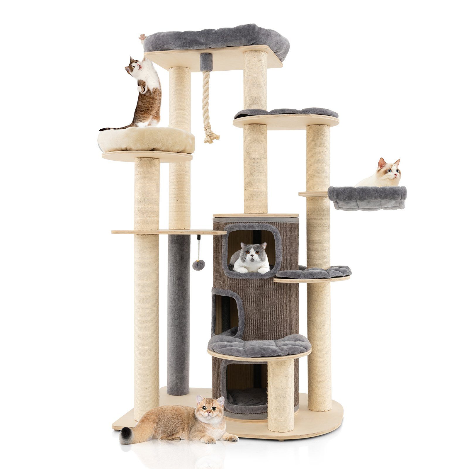 COSTWAY Kratzbaum Katzenbaum, 173cm deckenhoch, mit 3 Katzenhöhle
