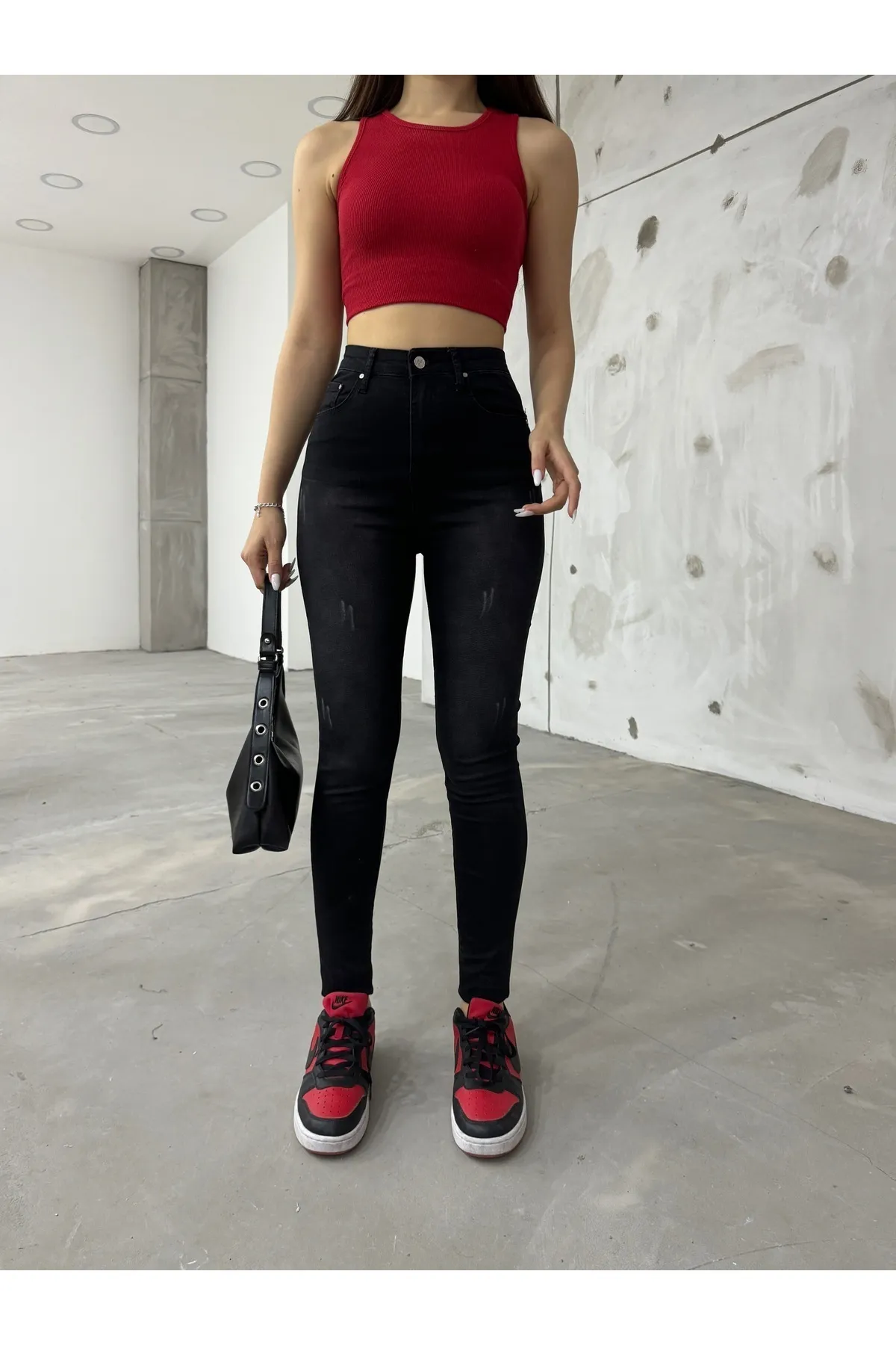 BİKELİFE  Schwarze Lycra-Jeanshose mit hoher Taille und Nageldetail