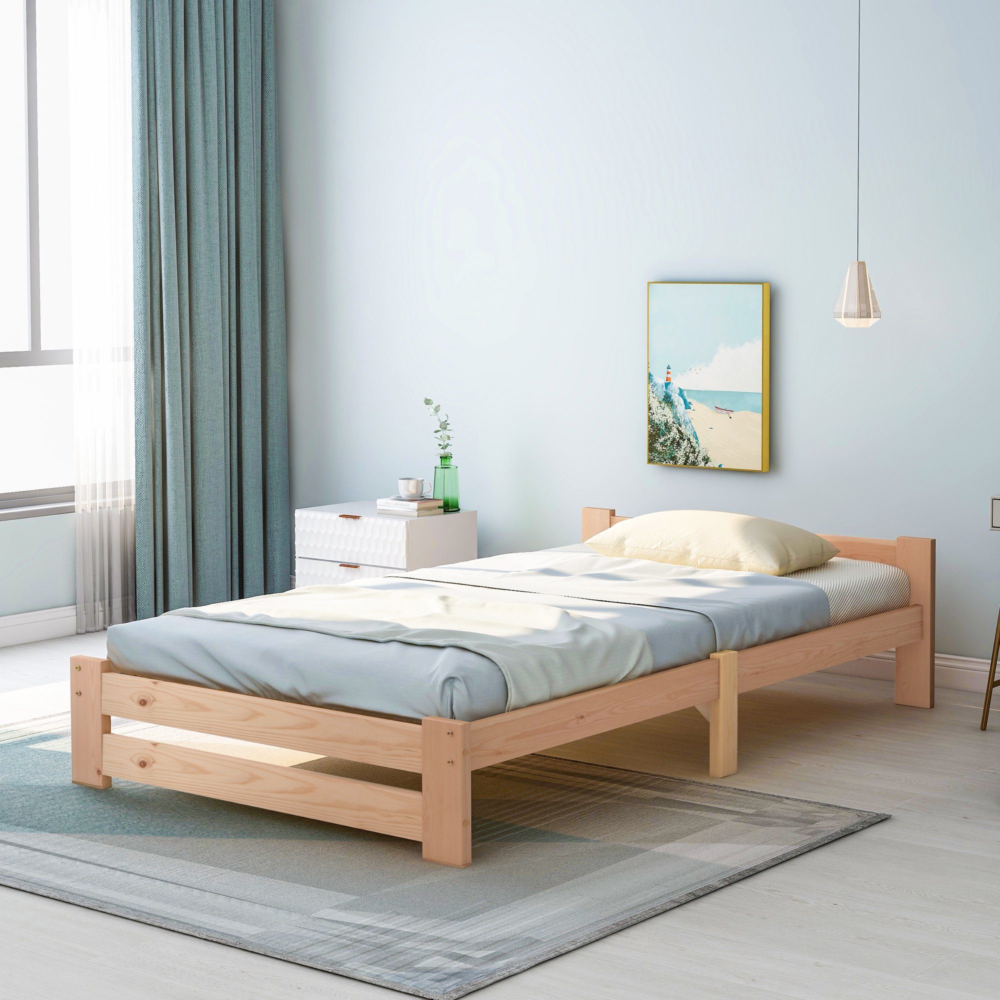 Merax Massivholzbett mit Kopfteil und Lattenrost, Futonbett, Einzelbett 90x200 cm