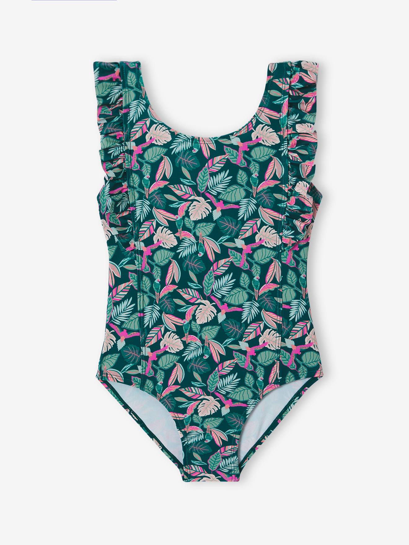 Vertbaudet Mädchen Badeanzug mit Tropenprint Oeko-Tex - tannengrün