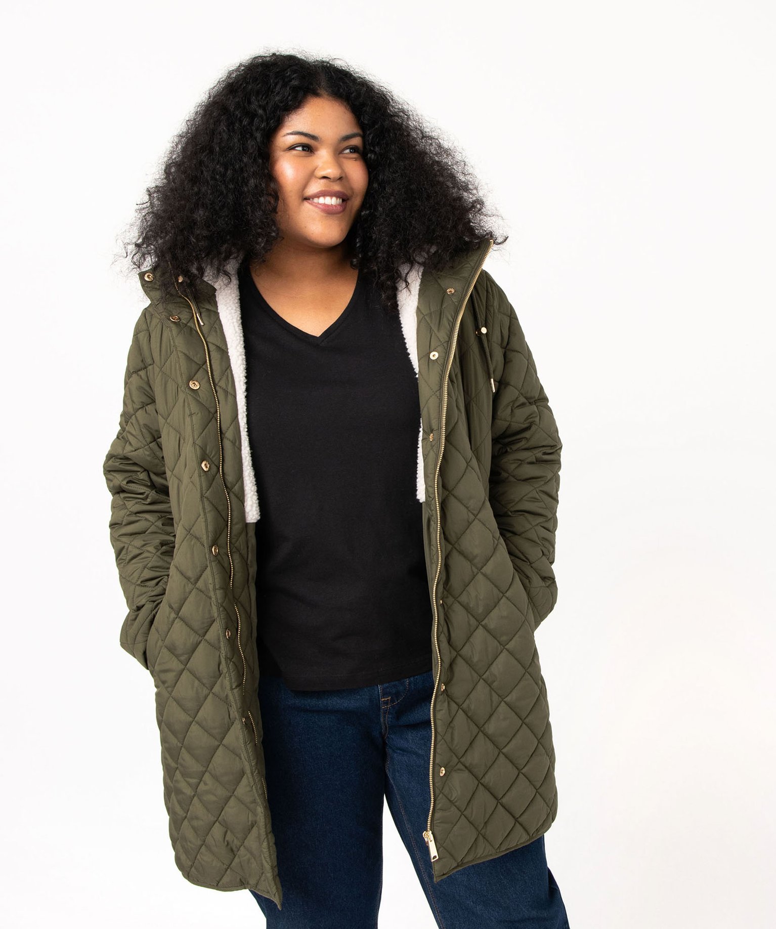 Manteau matelassé à capuche femme grande taille kaki | GEMO