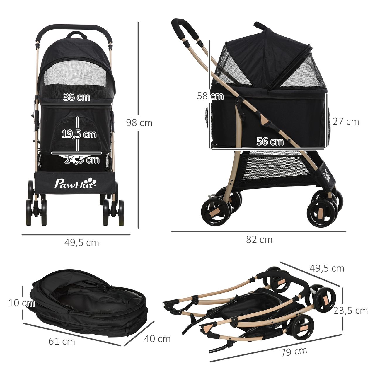 PawHut Hundewagen, 2 in 1 Hundetrolley, faltbarer Hundebuggy, Tragetasche