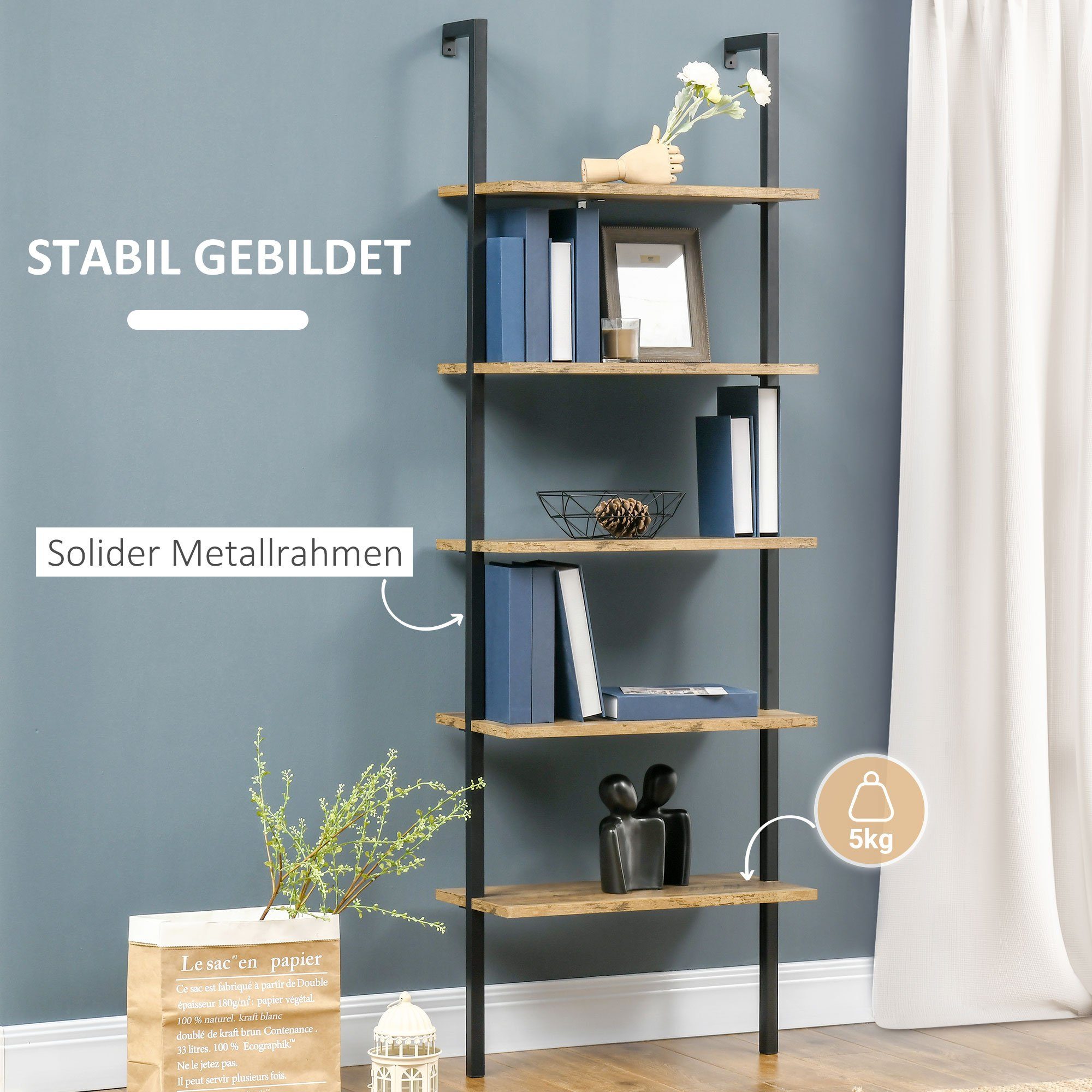 HOMCOM Leiterregal im Industrie-Design 5 Regale 60 cm x 30 cm x 184,5 cm Metall