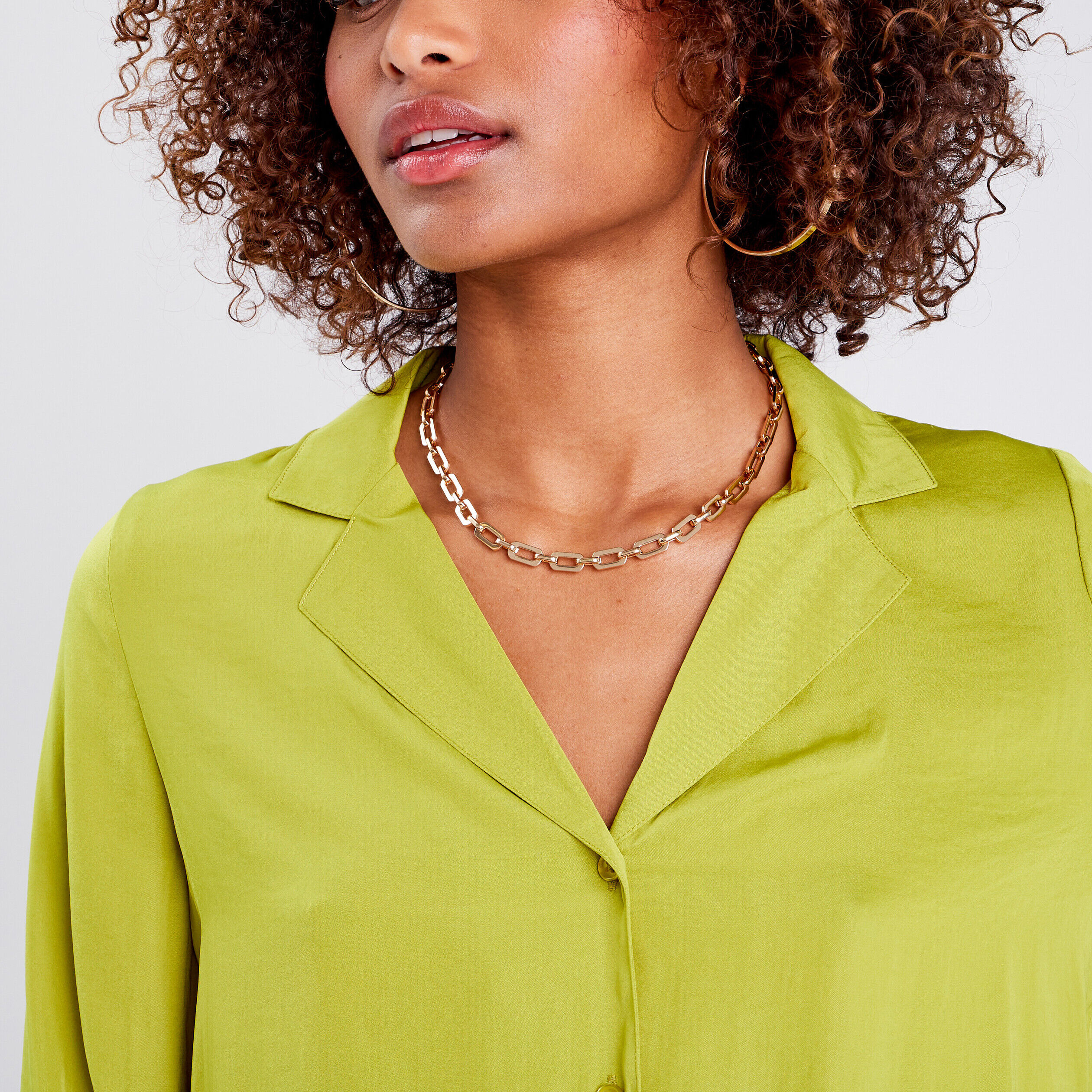 Chemise manches longues satin vert olive femme | Cache Cache