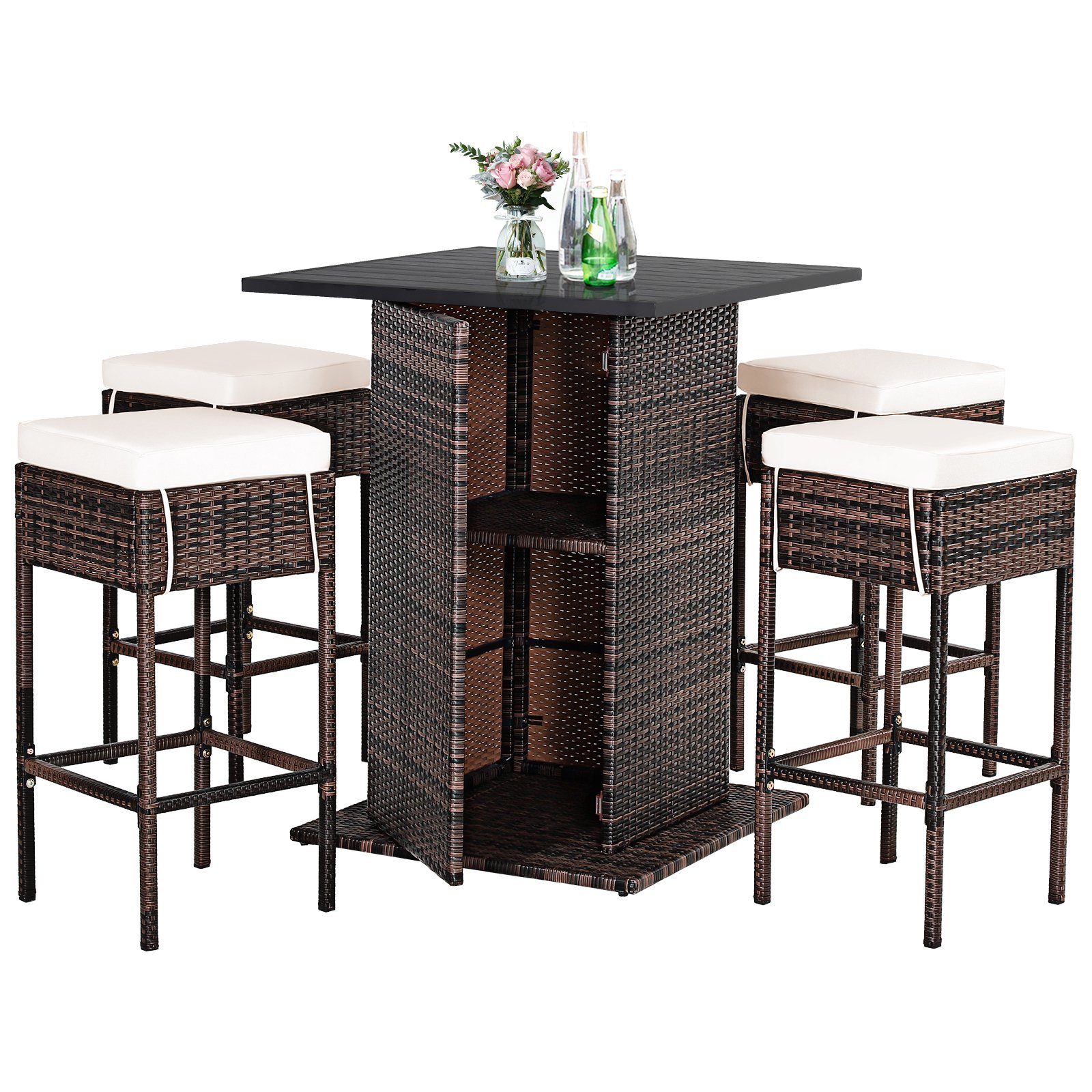 COSTWAY Gartenbar-Set, 5-tlg, Rattan, Tisch mit Stauraum&4 Hockern mit Kissen