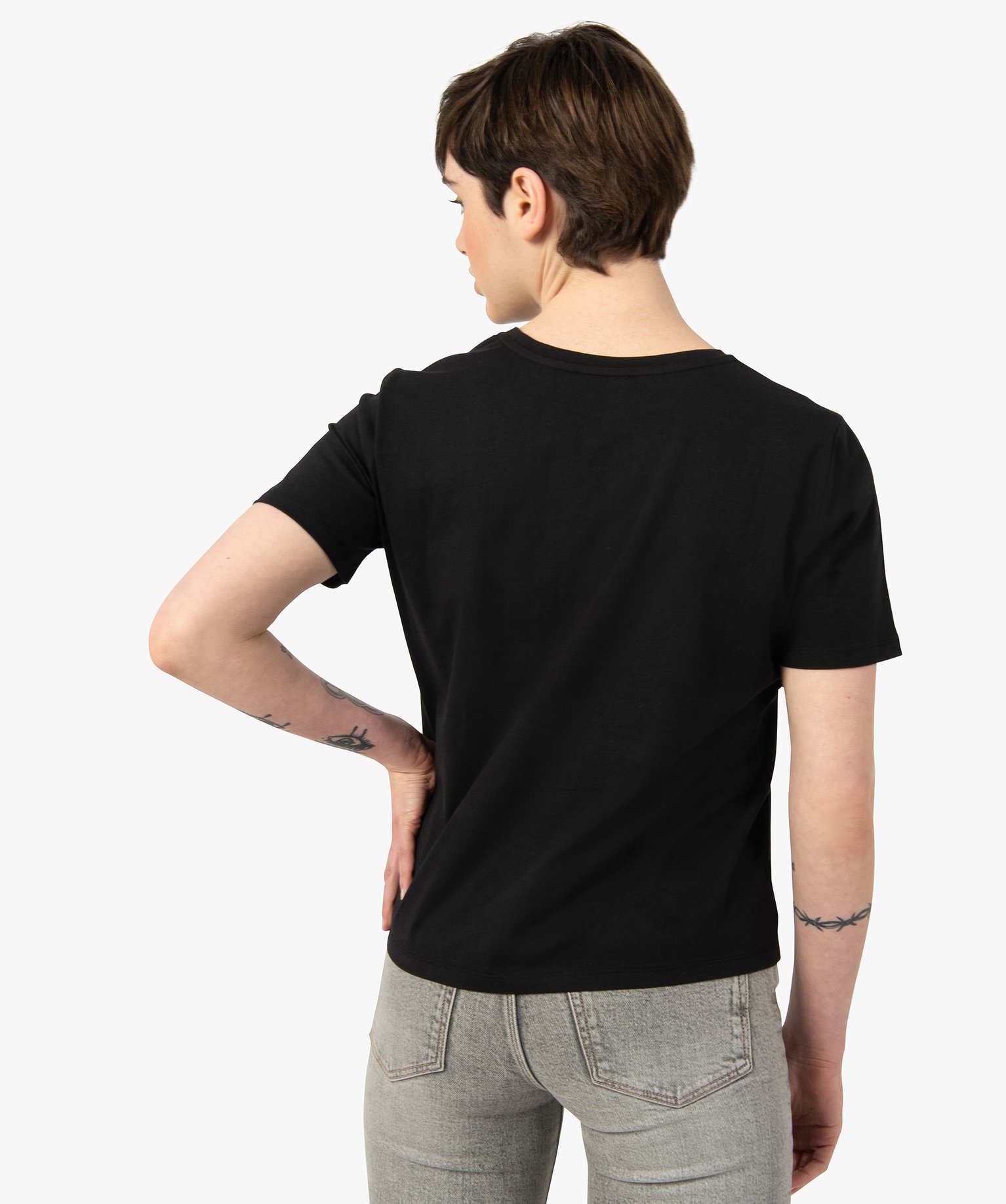 Tee-shirt femme à manches courtes avec poche poitrine brodée noir | GEMO