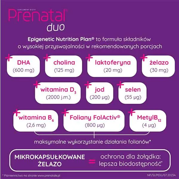 Prenatal Duo, Maisto papildas moterims nuo 13 nėštumo savaitės iki žindymo pabaigos, Kietos kapsulės + želatinos kapsulės