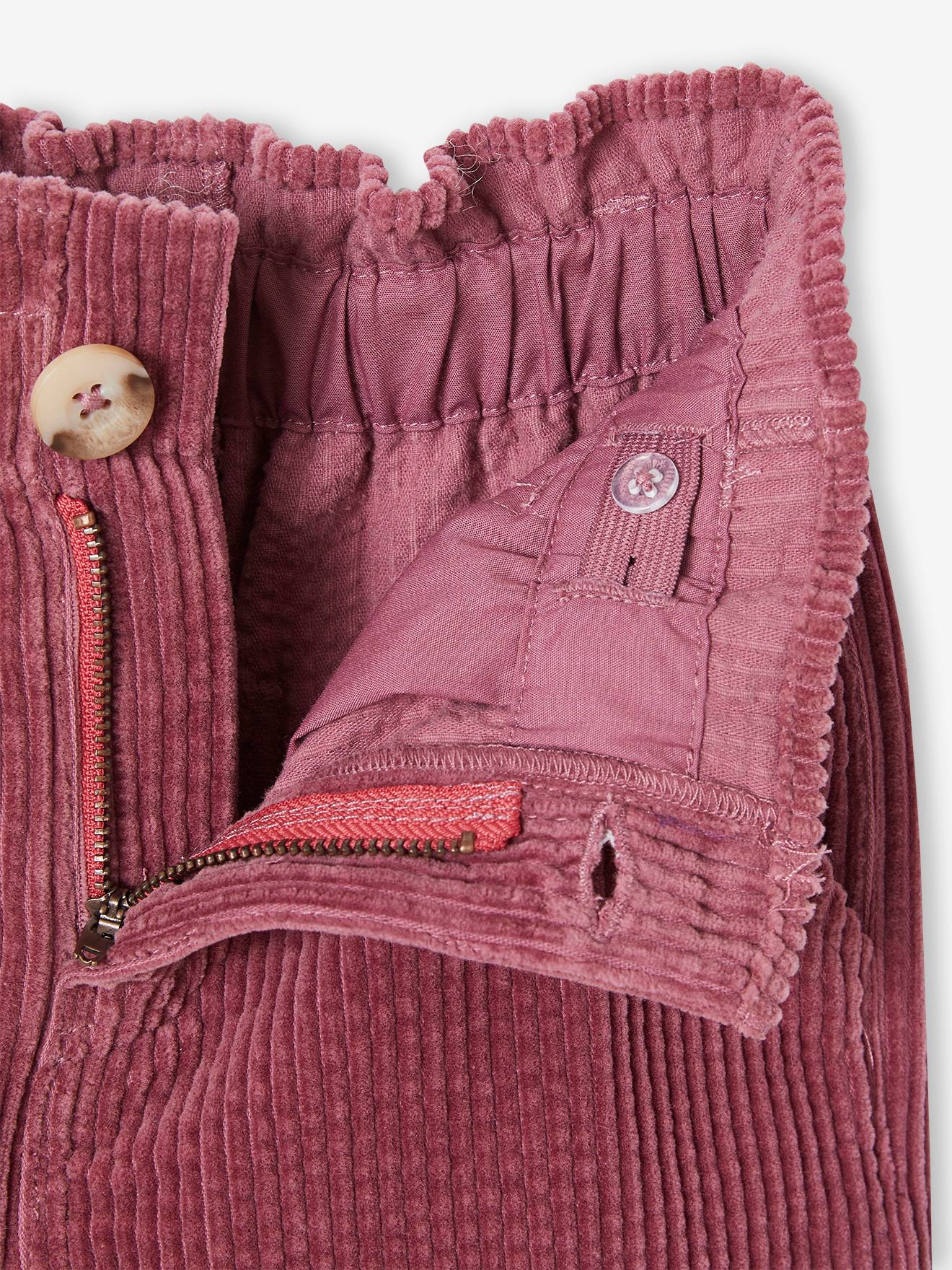 Pantalon large en velours côtelé style paperbag fille mauve