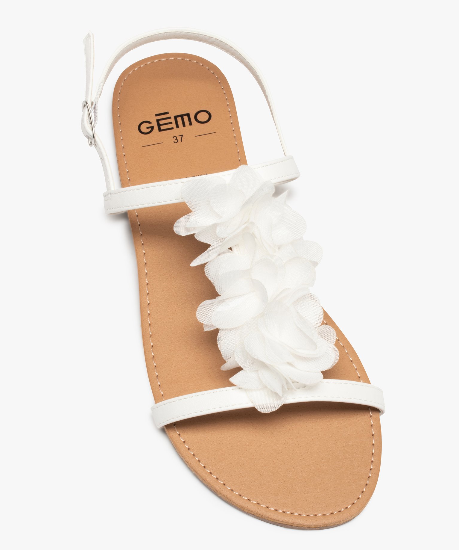 Sandales femme à talon plat ornées de fleurs en tissu blanc | GEMO