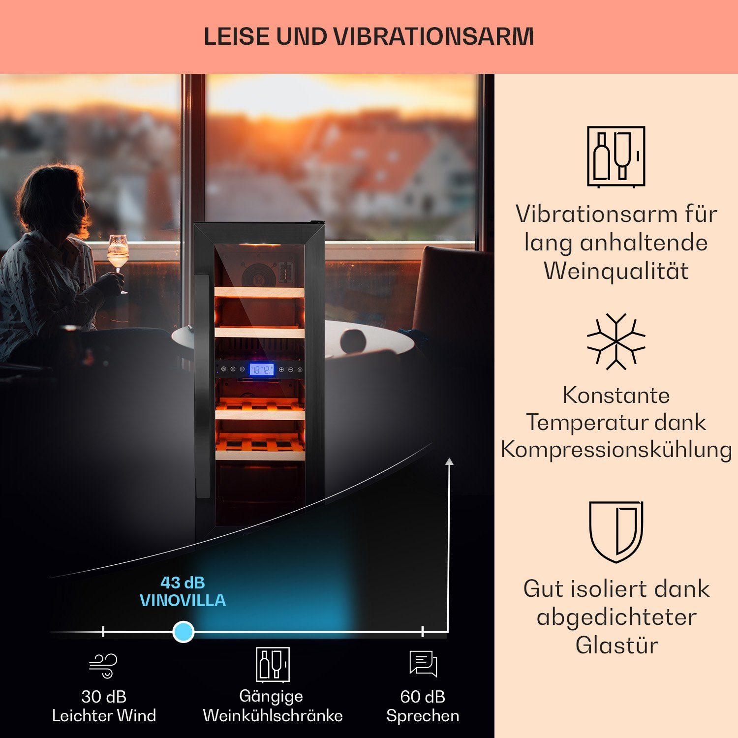 Klarstein Weinkühlschrank Vinovilla 17 Built-in Duo Onyx Edition, für 17 Standardflaschen á 0,75l,2 Zonen Wein Flaschenkühlschrank Weintemperierschrank Weinschrank