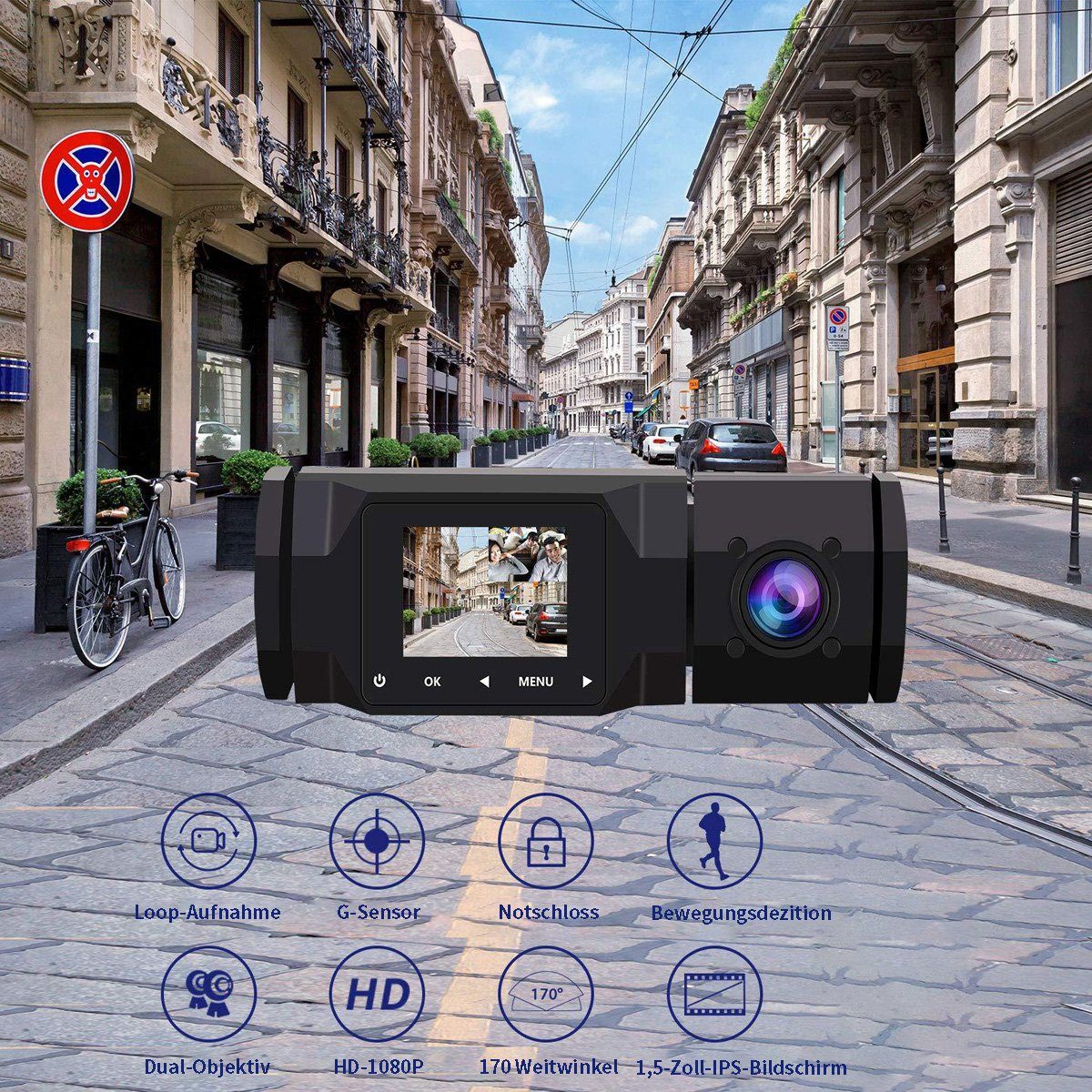 Yoyaxi 1,5-Zoll Infrarot-Nachtsicht-Autokamera Dashcam (HD 1080P, Front- und Innenkamera)