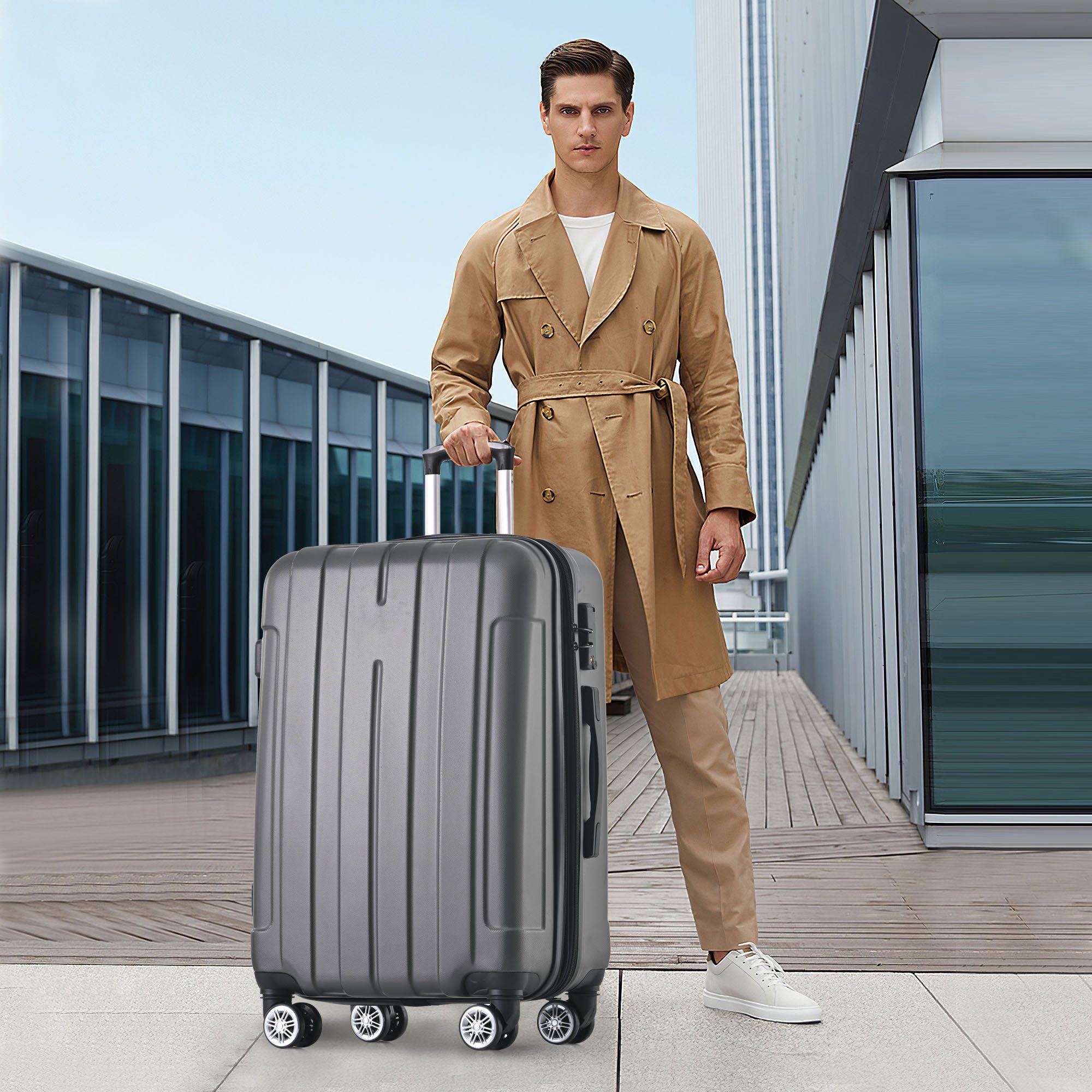 BlingBin Handgepäckkoffer Hartschalen-Handgepäck Universalrad Doppelrad mit Bremsen Grau XL, ABS-Material Mit TSA-Schloss XL - 42*28*74 cm