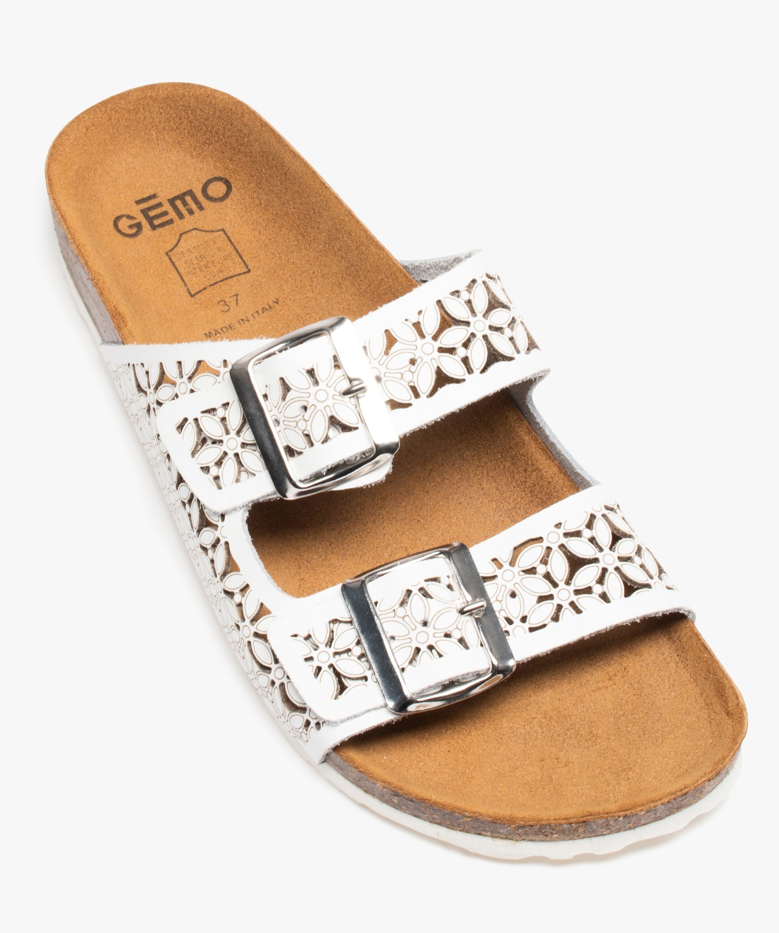 Mules femme à talon plat à double brides ajustables en cuir blanc | GEMO