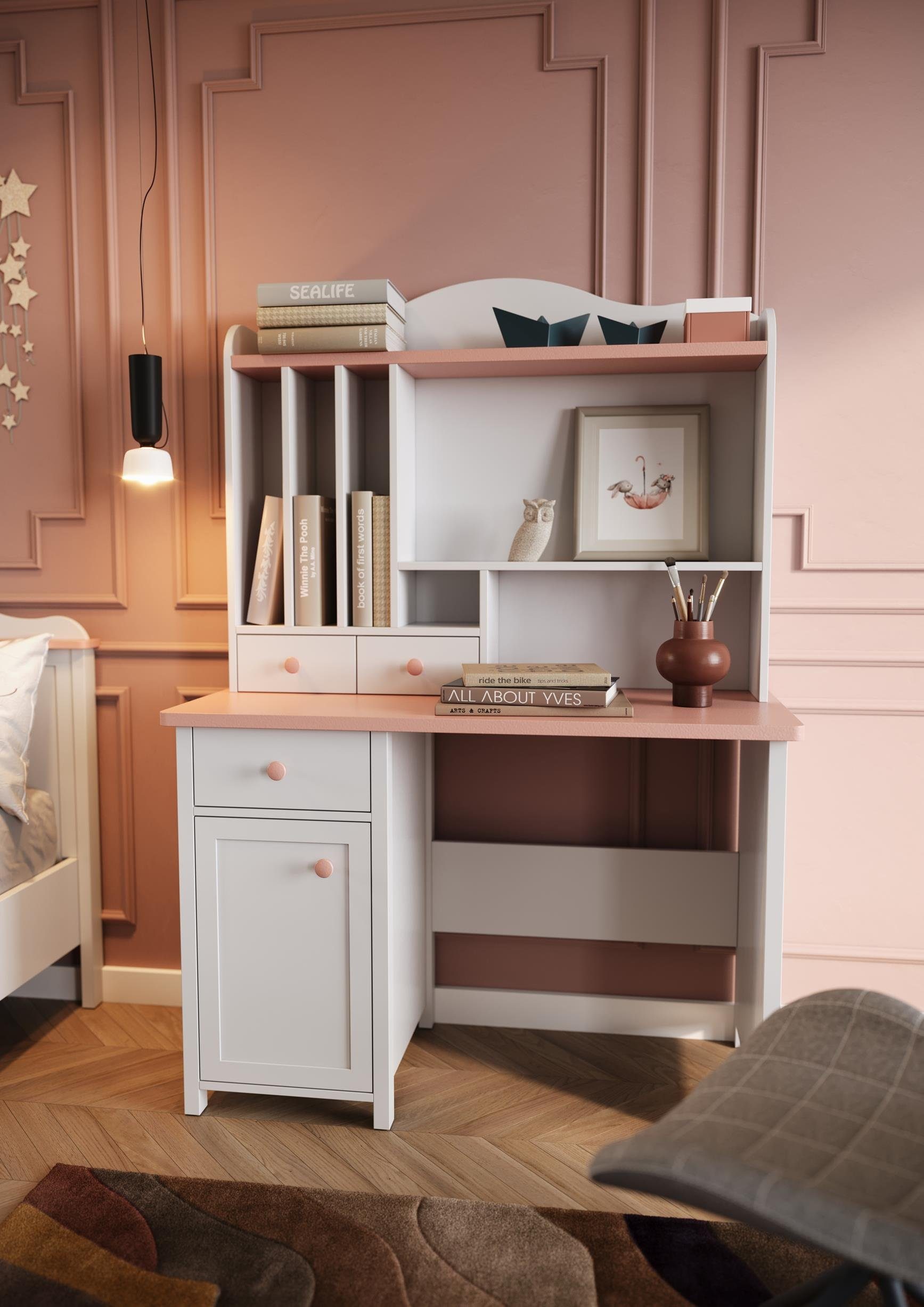 Compleo Kinderschreibtisch LARA mit Aufsatz, Schreibtisch für Mädchen, Weiß + Rosa