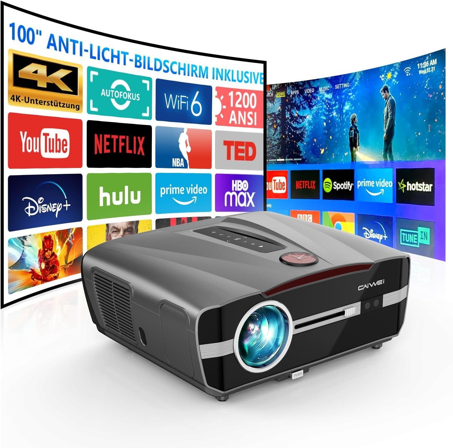 ZCGIOBN 4K Beamer Heimkino WiFi 6 mit AutoFokus/Trapezkorrektur Portabler Projektor (1200 lm, 1920 x 1080 px, Bluetooth Android HDMI USB für TV Stick/iPhone/iPad/Laptop/PS5/DVD/PC)
