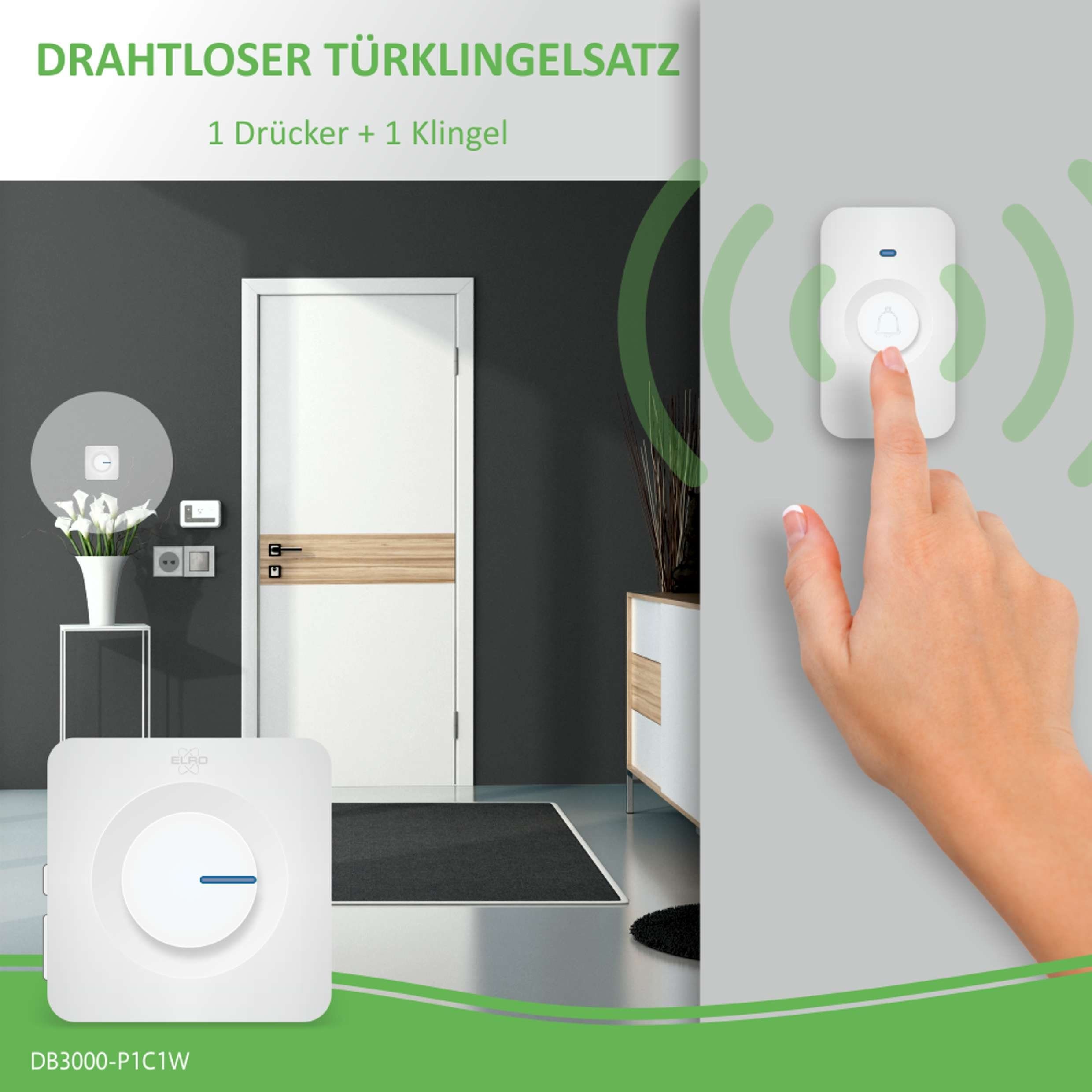 Elro Türklingel-Set DB3000-P1C1, 1 Empfänger, 52 Klingeltöne, (Komplett-Set, 2-tlg., Klingeldrücker und Empfänger), Drahtloses Türklingel Set Blinkende LED-Lampe