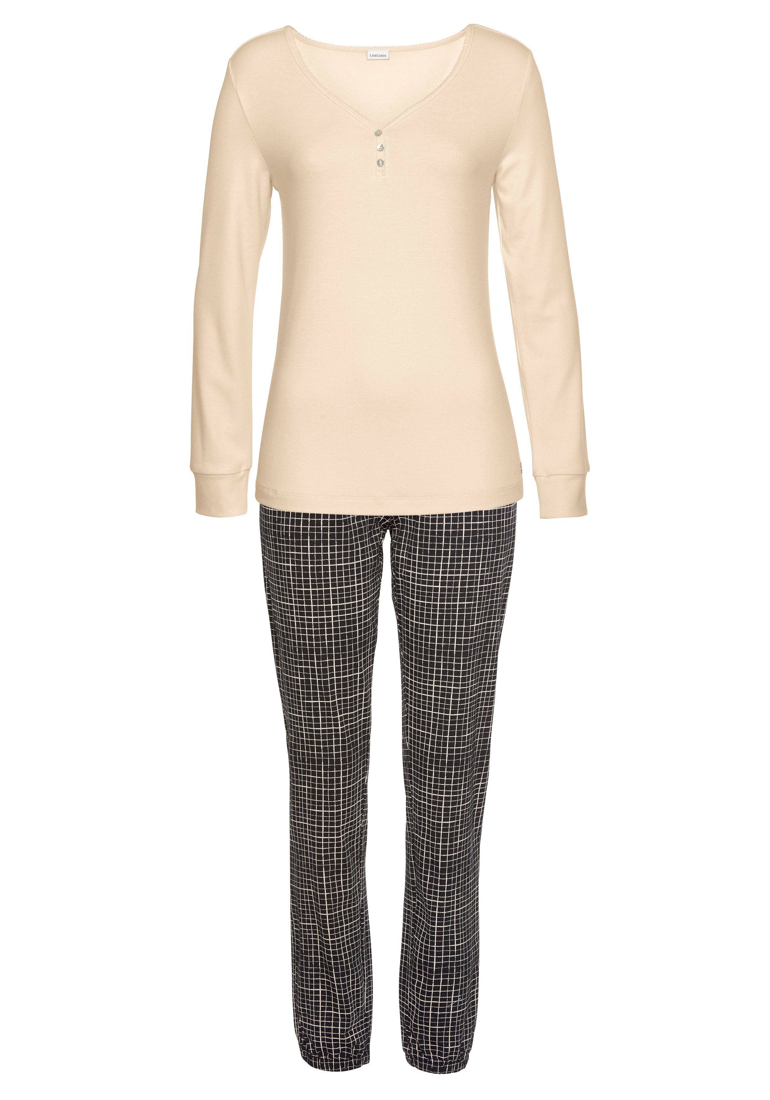 LASCANA Pyjama (2 tlg., 1 Stück) mit geripptem Langarmshirt