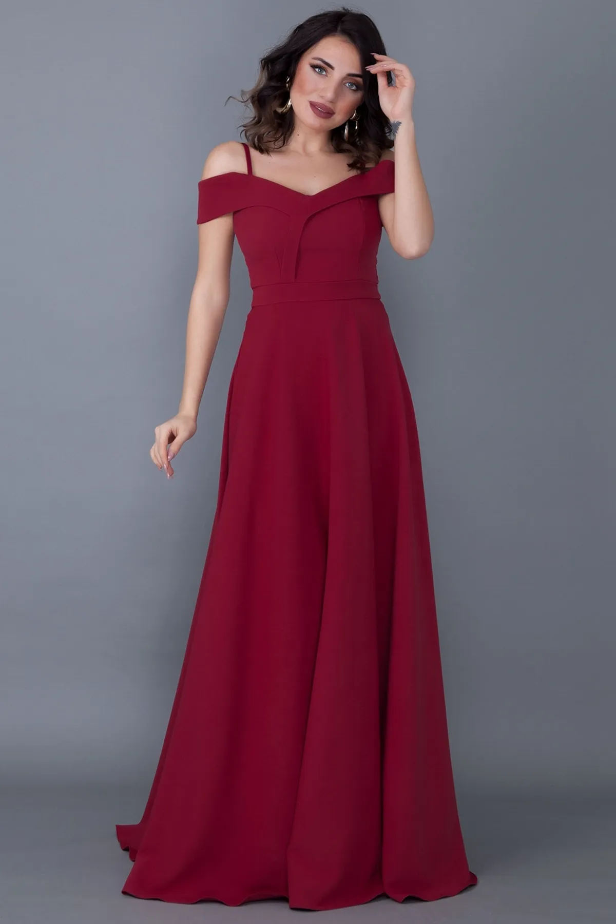 lovebox  Trägerloses, schulterfreies, zweireihiges Abendkleid in Maxilänge in Weinrot in Übergröße, Abendkleid 342