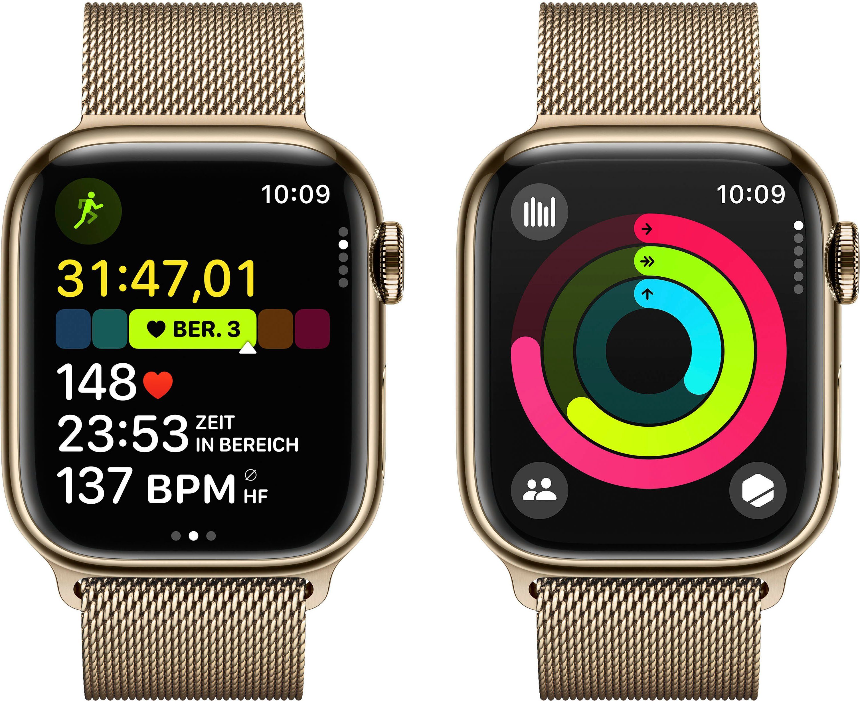 Apple Watch Series 9 GPS + Cellular 41mm Edelstahl Smartwatch (4,1 cm/1,61 Zoll, Watch OS 10), Milanese Loop