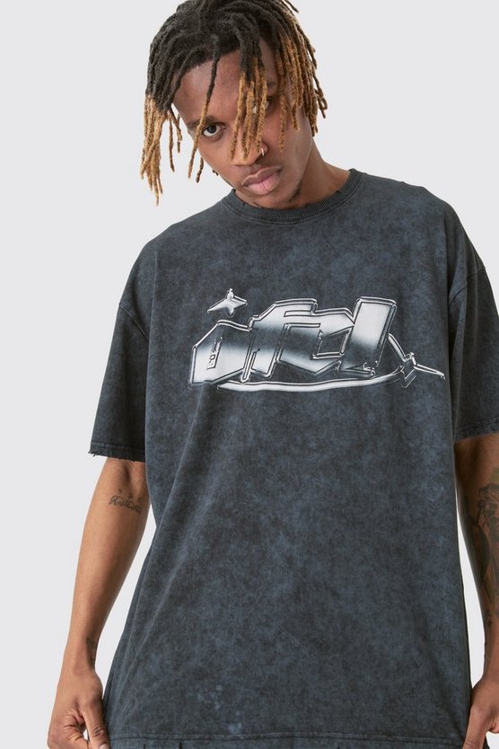 Tall zerrissenes Oversize T-Shirt mit Acid-Waschung und Metallic-Print