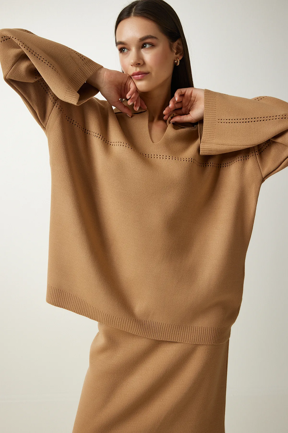 Happiness İstanbul  Kamelfarbener Damen-Polokragen-Stilvoller Strickpullover-Rock-Anzug YY00186