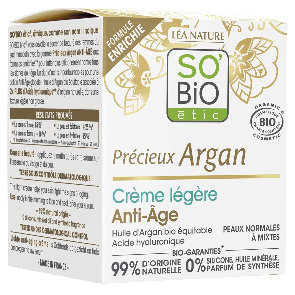 LÉA NATURE SO BiO étic Crème légère Anti-Âge jour, Précieux Argan Crème visage