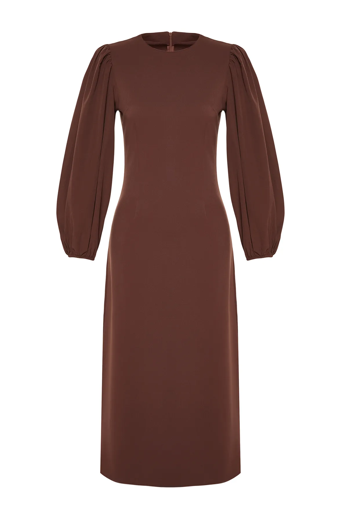 Trendyol Modest  Braunes Kleid aus gewebtem Krepp mit Ballonärmeln TCTSS24EB00027