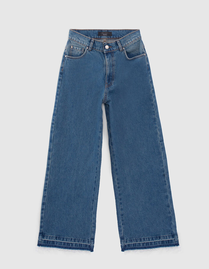 Jean large bleu taille haute 7/8e bas frangés Femme